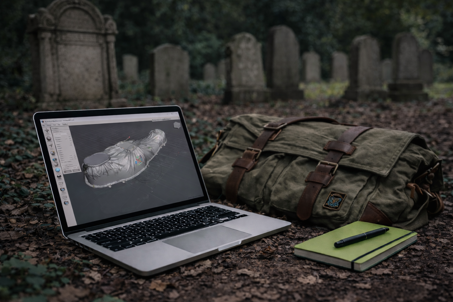 A laptop running 3D modeling software on the ground in a historic cemetery beside a canvas bag and notebook